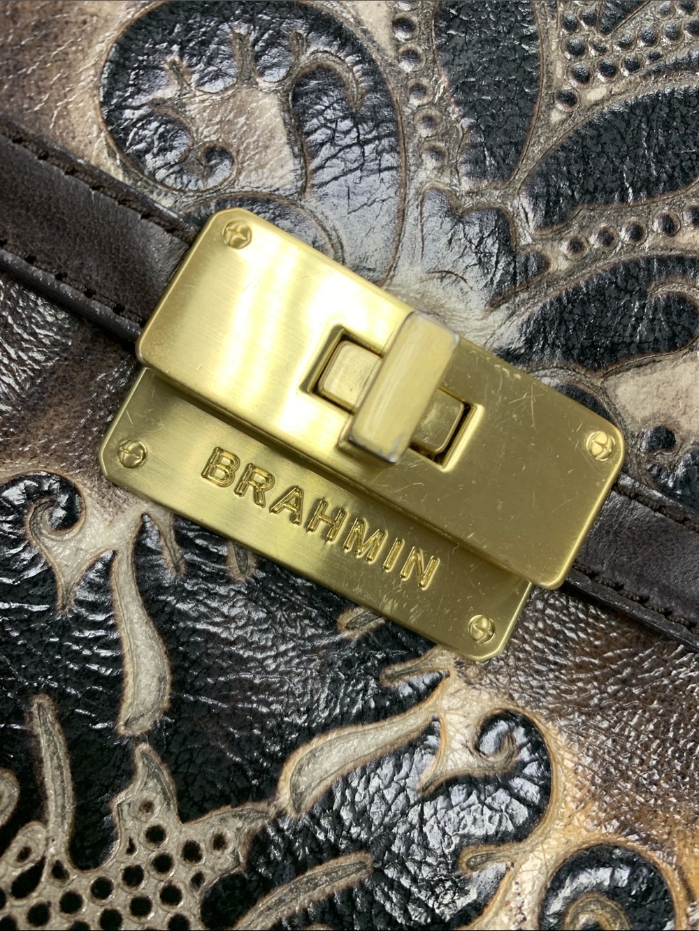 Brahmin Brown and Black Embossed Leather Crossbody with Tassel - Picture 10 of 10